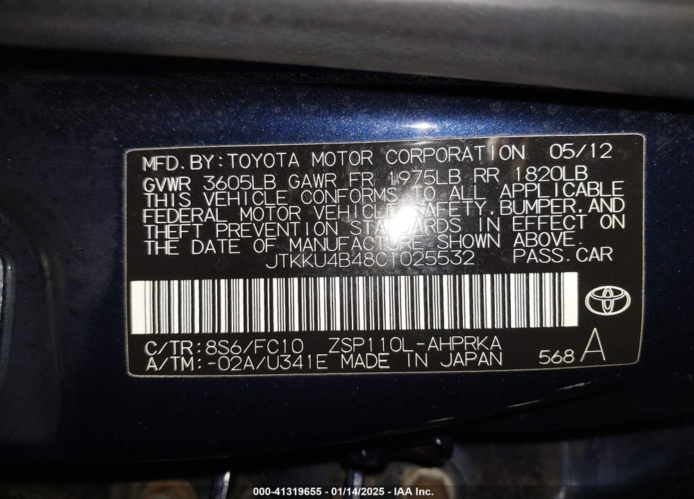 2012 SCION XD VIN: JTKKU4B48C1025532