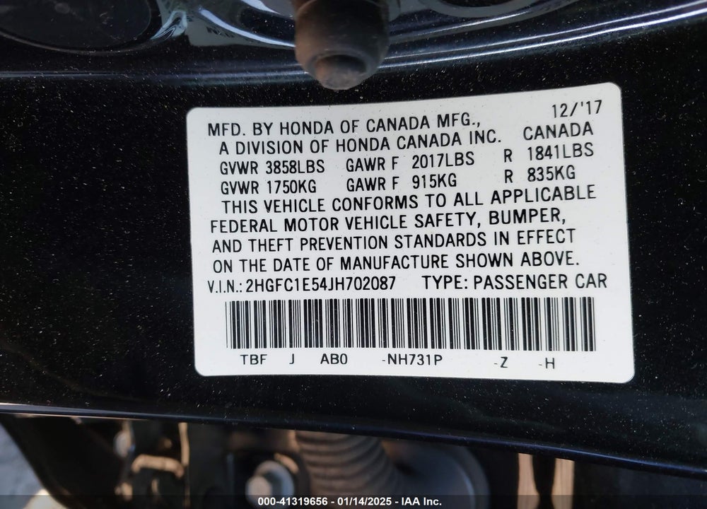 2018 HONDA CIVIC VIN: 2HGFC1E54JH702087