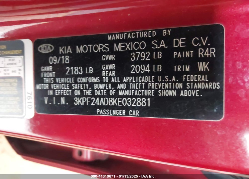 2019 KIA FORTE LXS VIN: 3KPF24AD8KE032881