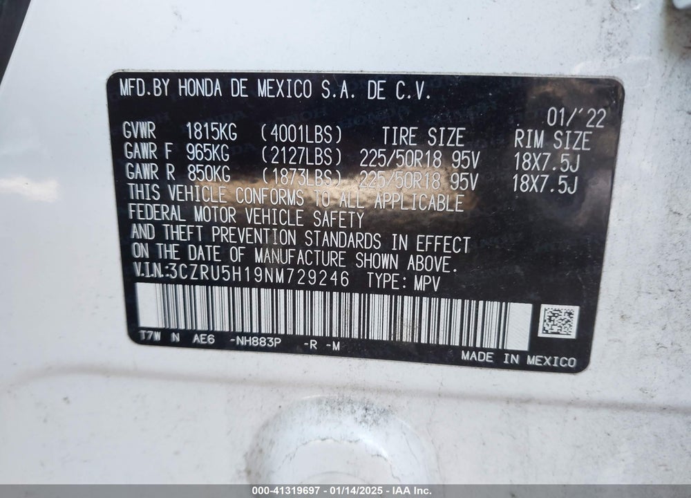 2022 HONDA HR-V 2WD SPORT VIN: 3CZRU5H19NM729246