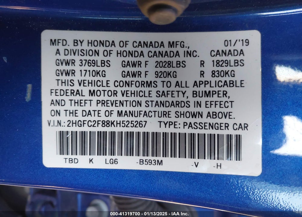 2019 HONDA CIVIC VIN: 2HGFC2F88KH525267