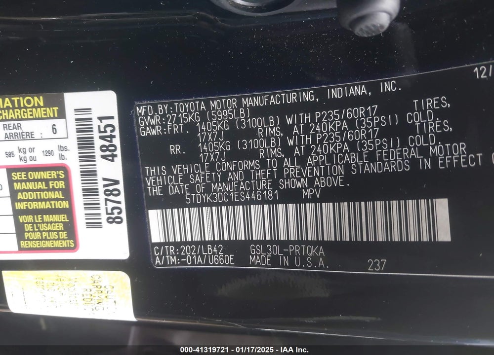 2014 TOYOTA SIENNA XLE LIMITED VIN: 5TDYK3DC1ES446181
