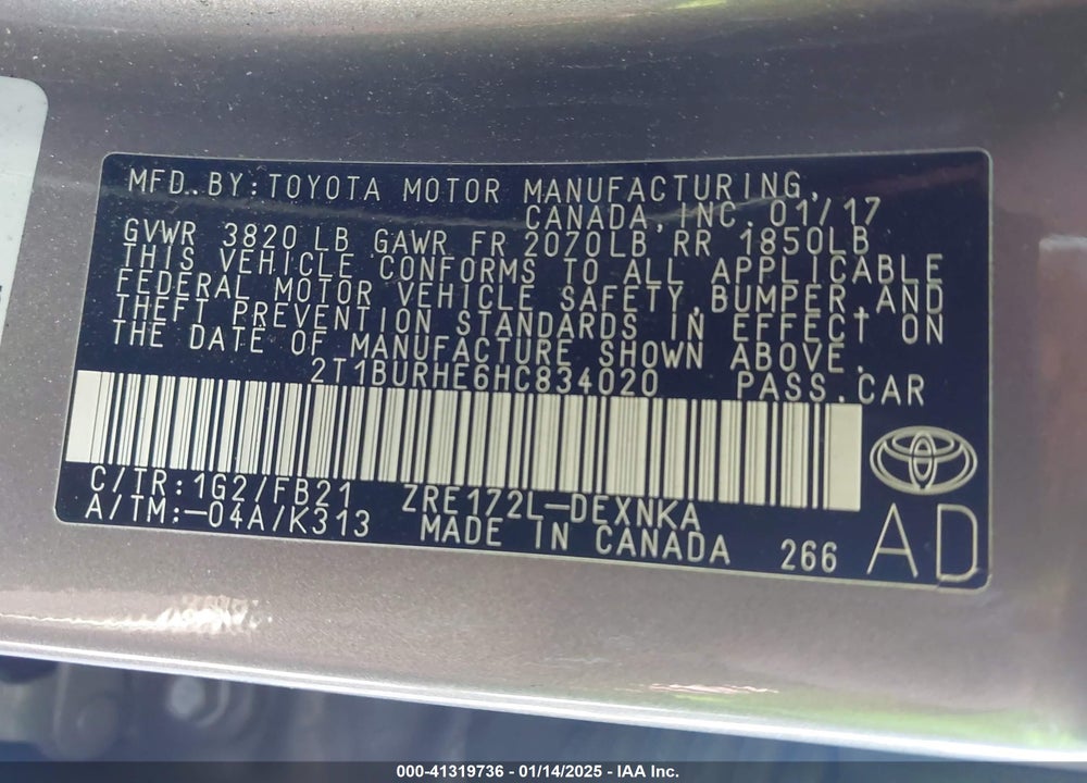 2017 TOYOTA COROLLA VIN: 2T1BURHE6HC834020
