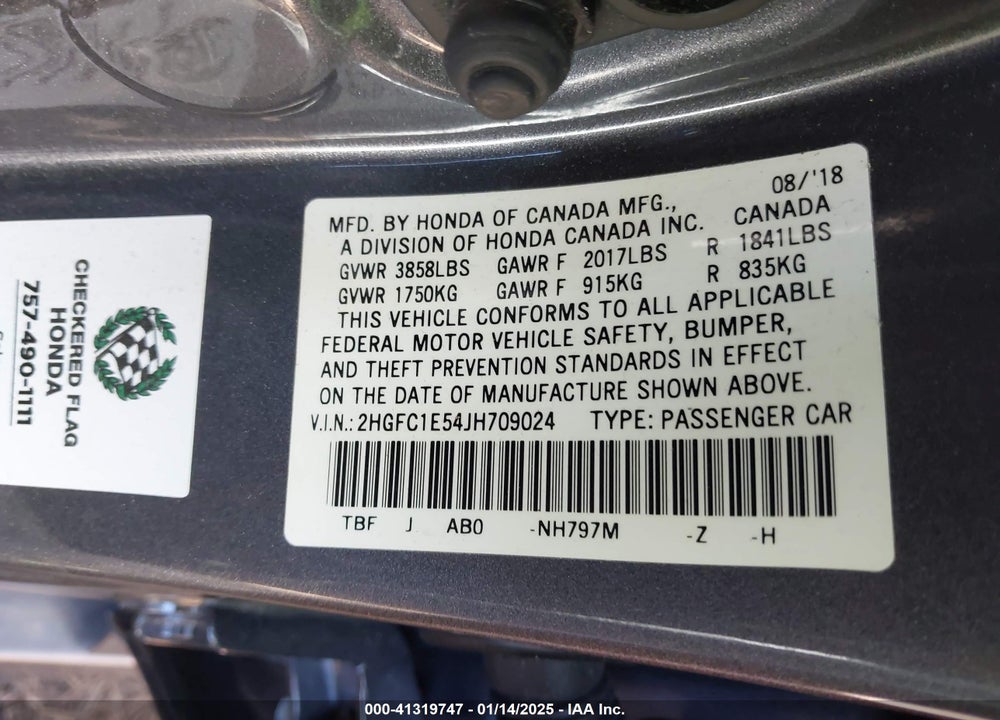 2018 HONDA CIVIC VIN: 2HGFC1E54JH709024