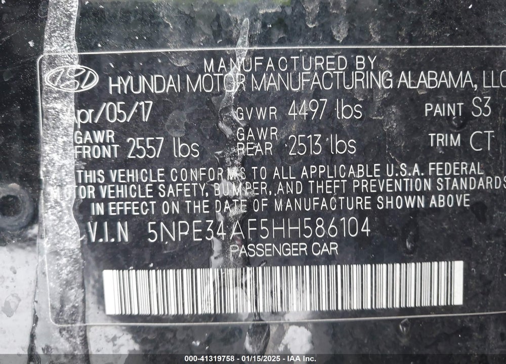 2017 HYUNDAI SONATA VIN: 5NPE34AF5HH586104