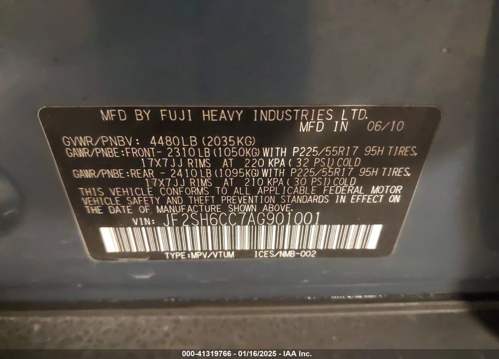 2010 SUBARU FORESTER 2.5X PREMIUM VIN: JF2SH6CC7AG901001