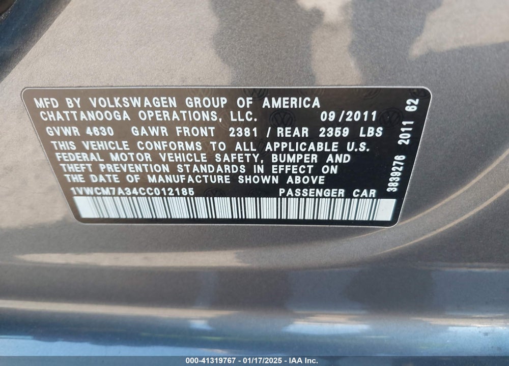 2012 VOLKSWAGEN PASSAT VIN: 1VWCM7A34CC012185