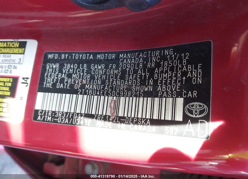 2013 TOYOTA COROLLA S VIN: 2T1BU4EE5DC998215