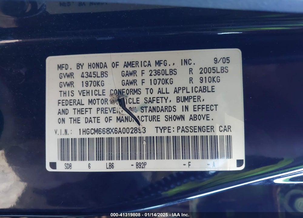 2006 HONDA ACCORD VIN: 1HGCM668X6A002893