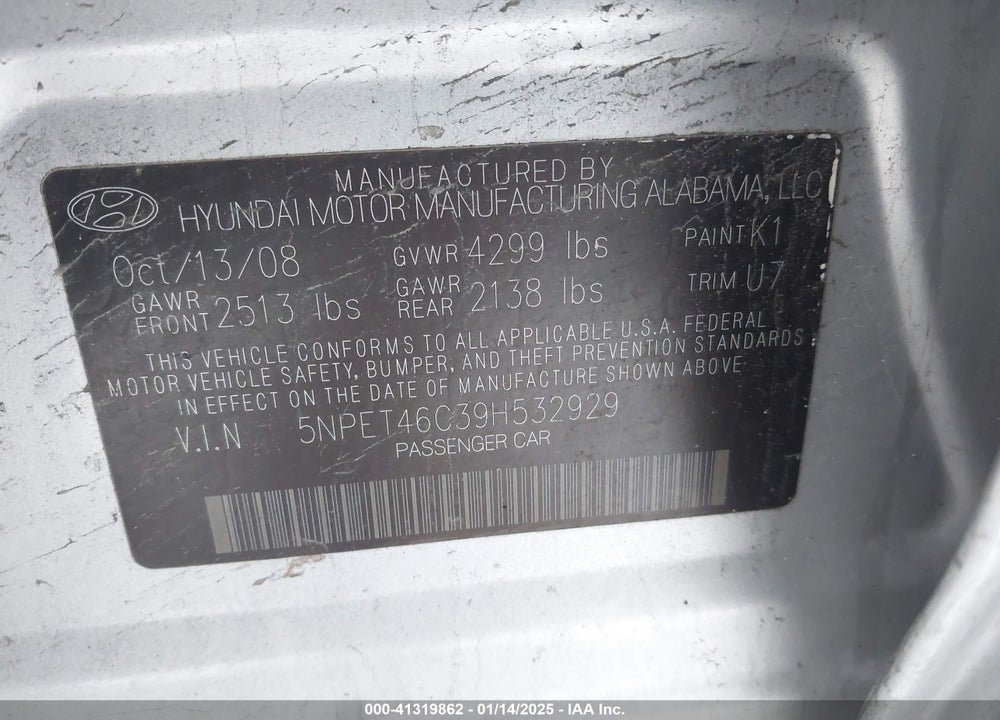 2009 HYUNDAI SONATA VIN: 5NPET46C39H532929