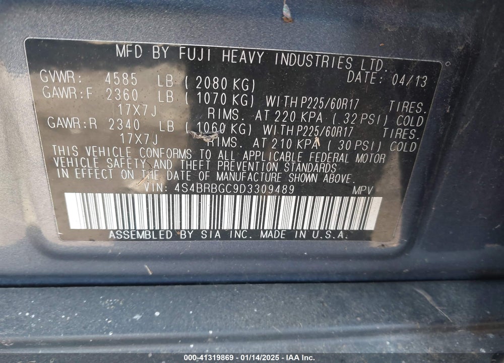 2013 SUBARU OUTBACK 2.5I PREMIUM VIN: 4S4BRBGC9D3309489