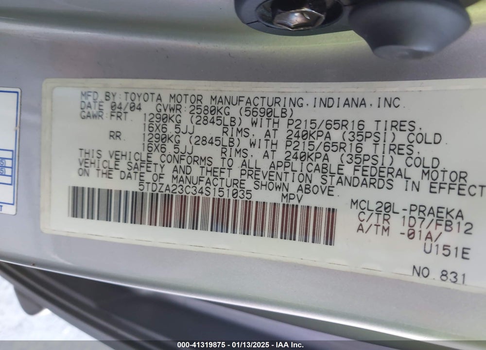 2004 TOYOTA SIENNA LE VIN: 5TDZA23C34S151035