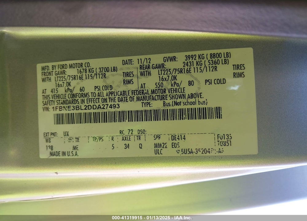 2013 FORD ECONOLINE WAGON VIN: 1FBNE3BL2DDA27493