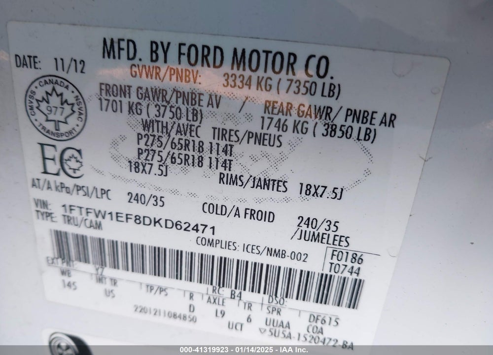 2013 FORD F150 VIN: 1FTFW1EF8DKD62471