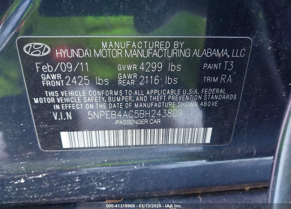 2011 HYUNDAI SONATA VIN: 5NPEB4AC5BH243809