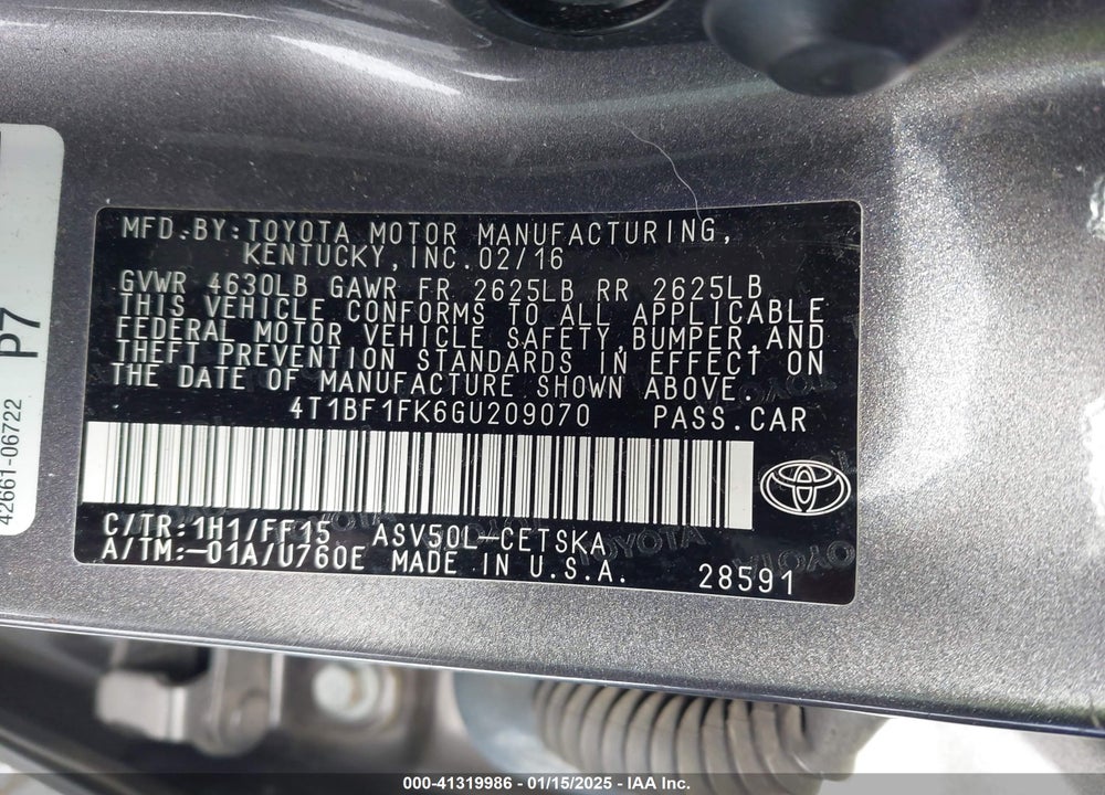 2016 TOYOTA CAMRY SE VIN: 4T1BF1FK6GU209070