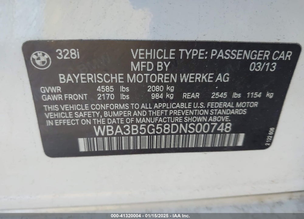 2013 BMW 328I VIN: WBA3B5G58DNS00748