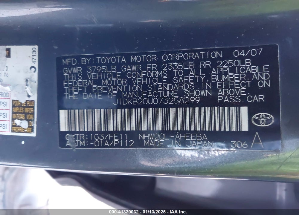 2007 TOYOTA PRIUS VIN: JTDKB20U073258299