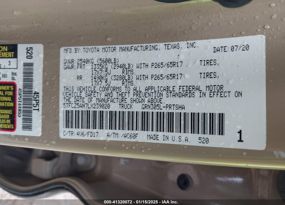 2020 TOYOTA TACOMA VIN: 5TFCZ5AN7LX239020