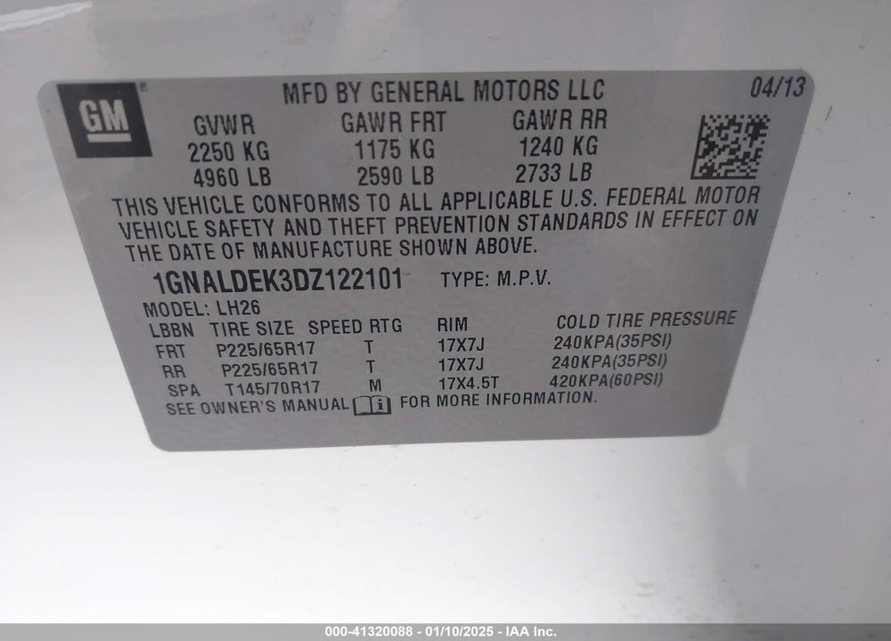 2013 CHEVROLET EQUINOX 1LT VIN: 1GNALDEK3DZ122101
