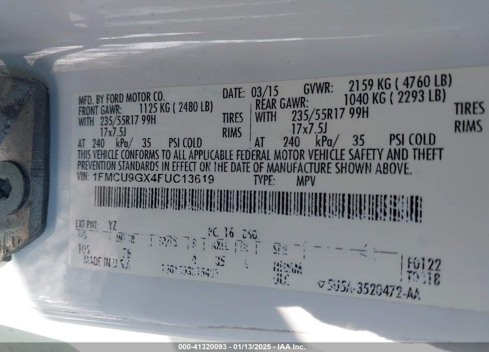 2015 FORD ESCAPE SE VIN: 1FMCU9GX4FUC13619