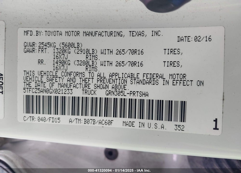 2016 TOYOTA TACOMA TRD OFF ROAD VIN: 5TFCZ5AN0GX021233