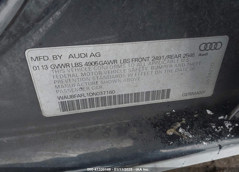 2013 AUDI A4 2.0T PREMIUM VIN: WAUBFAFL1DN037160