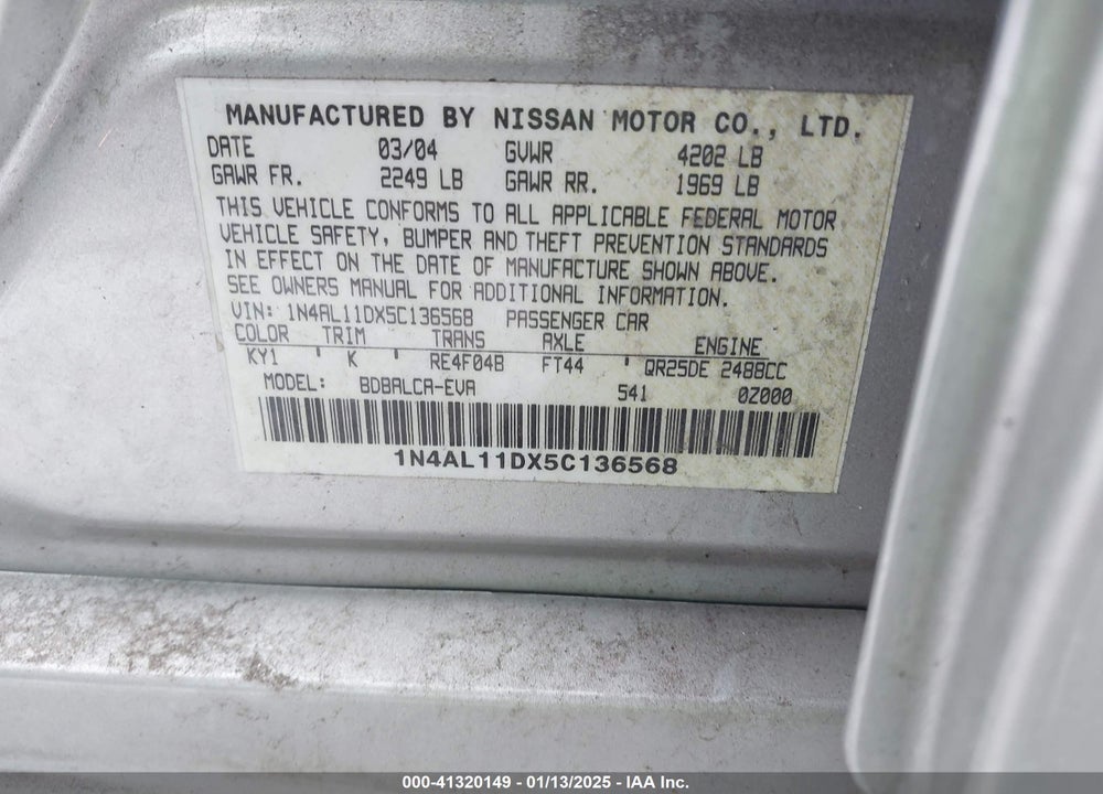 2005 NISSAN ALTIMA VIN: 1N4AL11DX5C136568