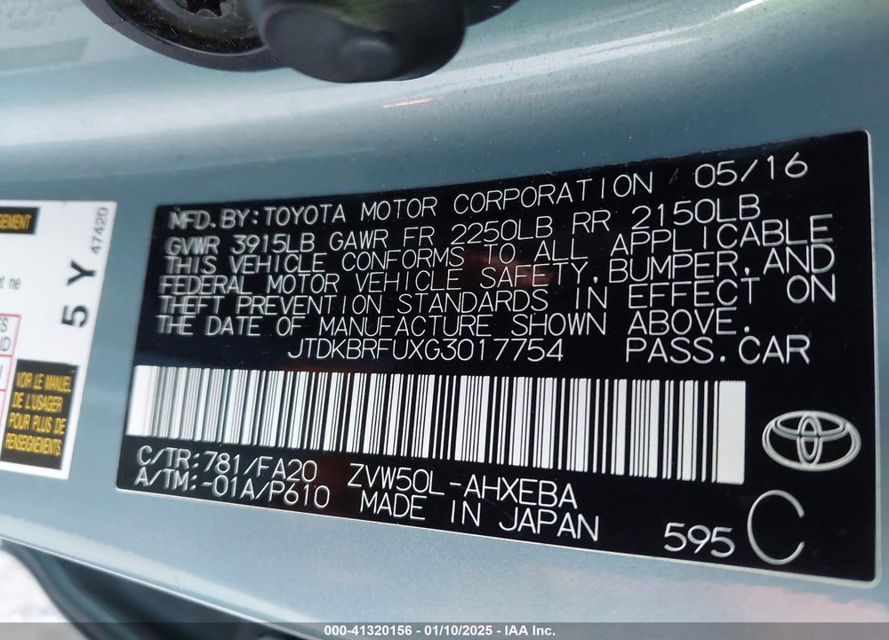2016 TOYOTA PRIUS VIN: JTDKBRFUXG3017754