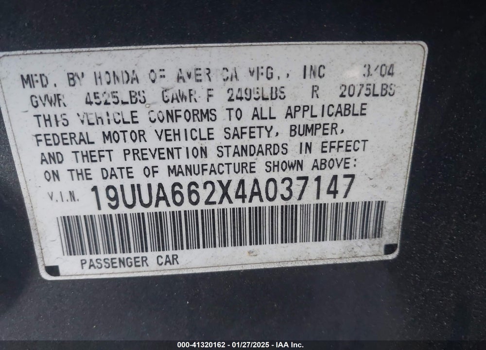 2004 ACURA TL VIN: 19UUA662X4A037147