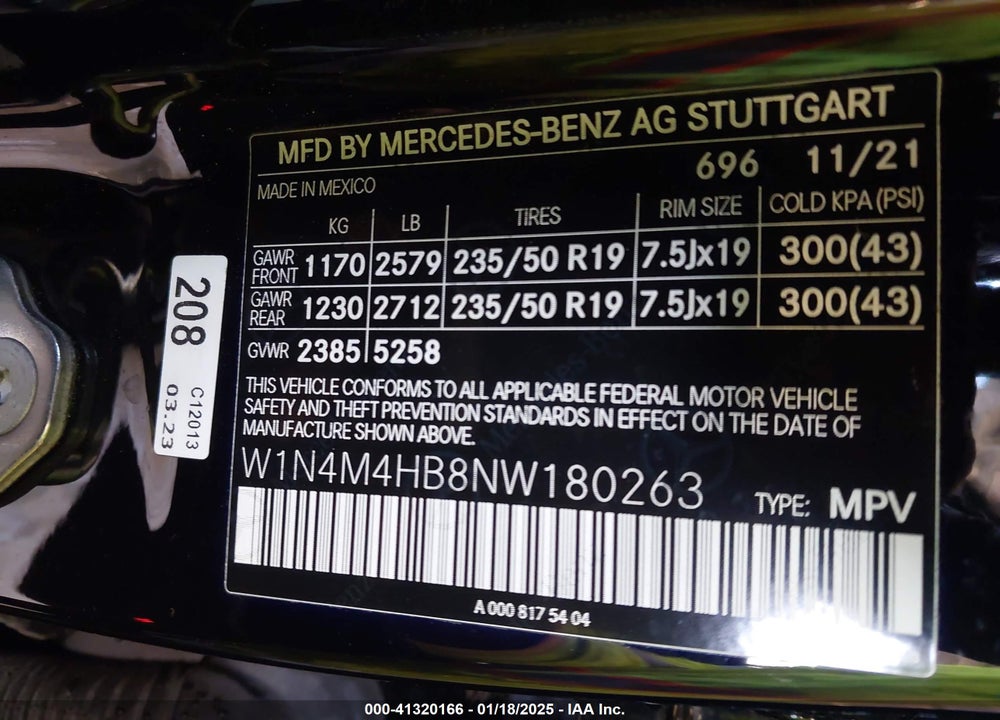2022 MERCEDES-BENZ GLB 250 VIN: W1N4M4HB8NW180263