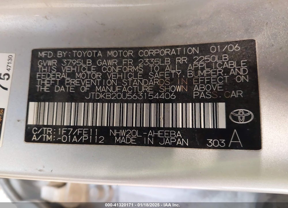 2006 TOYOTA PRIUS VIN: JTDKB20U563154406