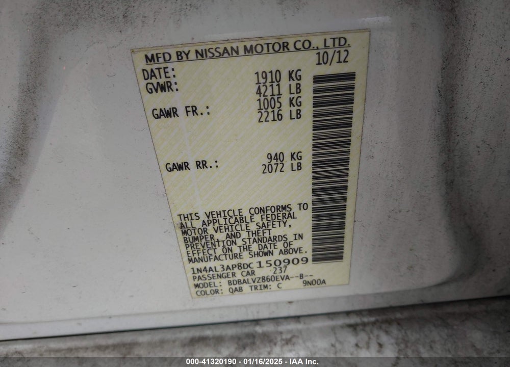 2013 NISSAN ALTIMA VIN: 1N4AL3AP8DC150909