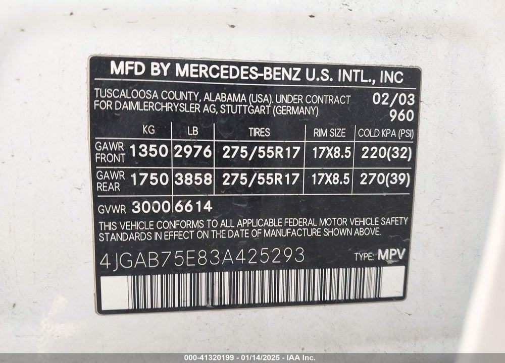 2003 MERCEDES-BENZ ML 500 VIN: 4JGAB75E83A425293