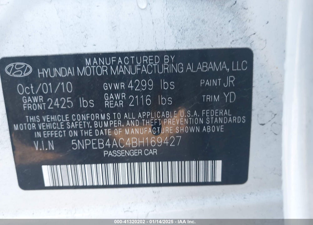 2011 HYUNDAI SONATA GLS VIN: 5NPEB4AC4BH169427