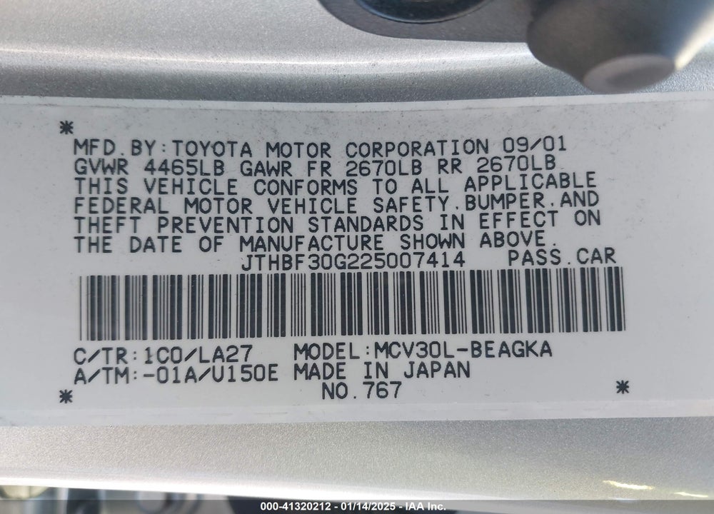 2002 LEXUS ES 300 VIN: JTHBF30G225007414