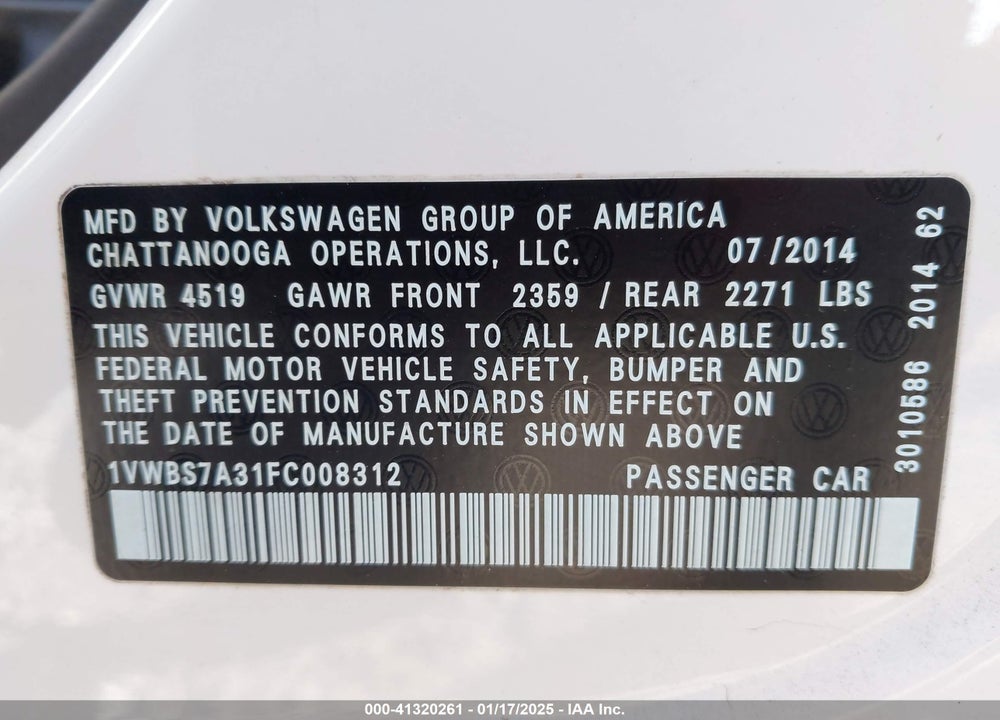 2015 VOLKSWAGEN PASSAT VIN: 1VWBS7A31FC008312