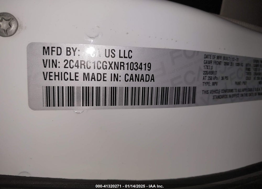 2022 CHRYSLER VOYAGER LX VIN: 2C4RC1CGXNR103419