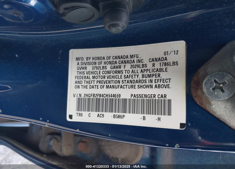 2012 HONDA CIVIC VIN: 2HGFB2F84CH544659