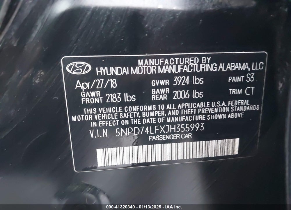 2018 HYUNDAI ELANTRA VIN: 5NPD74LFXJH355993