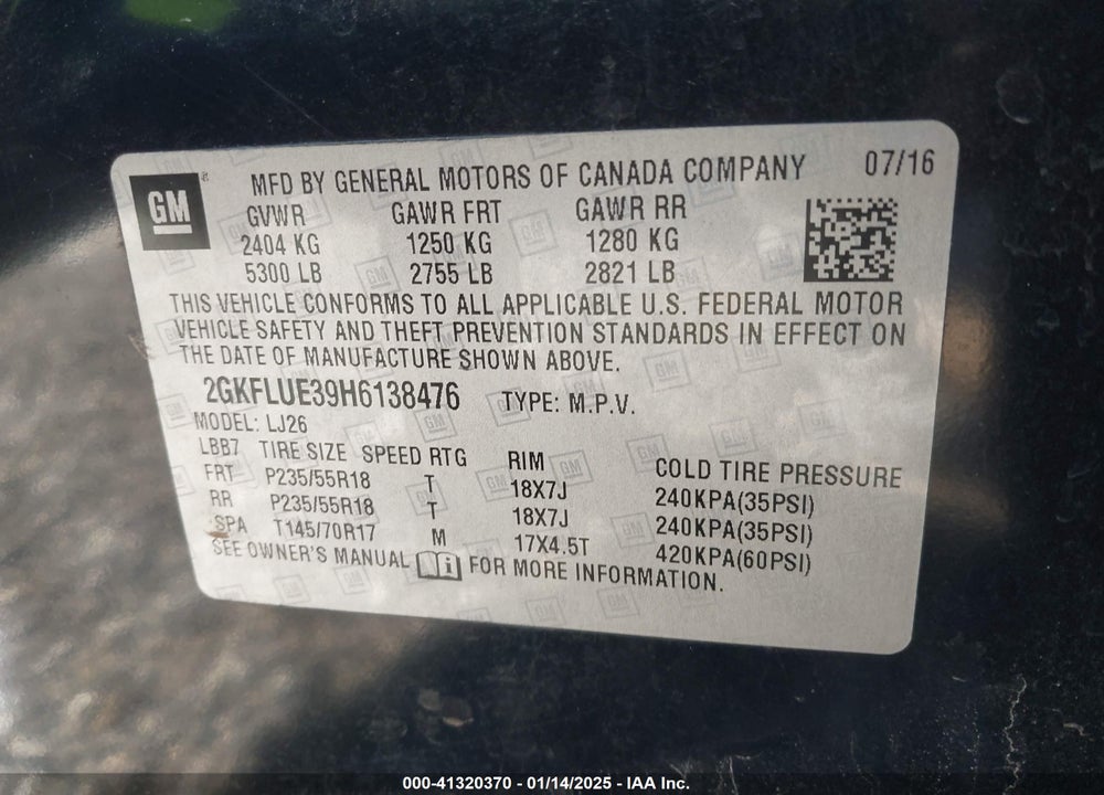 2017 GMC TERRAIN SLT VIN: 2GKFLUE39H6138476