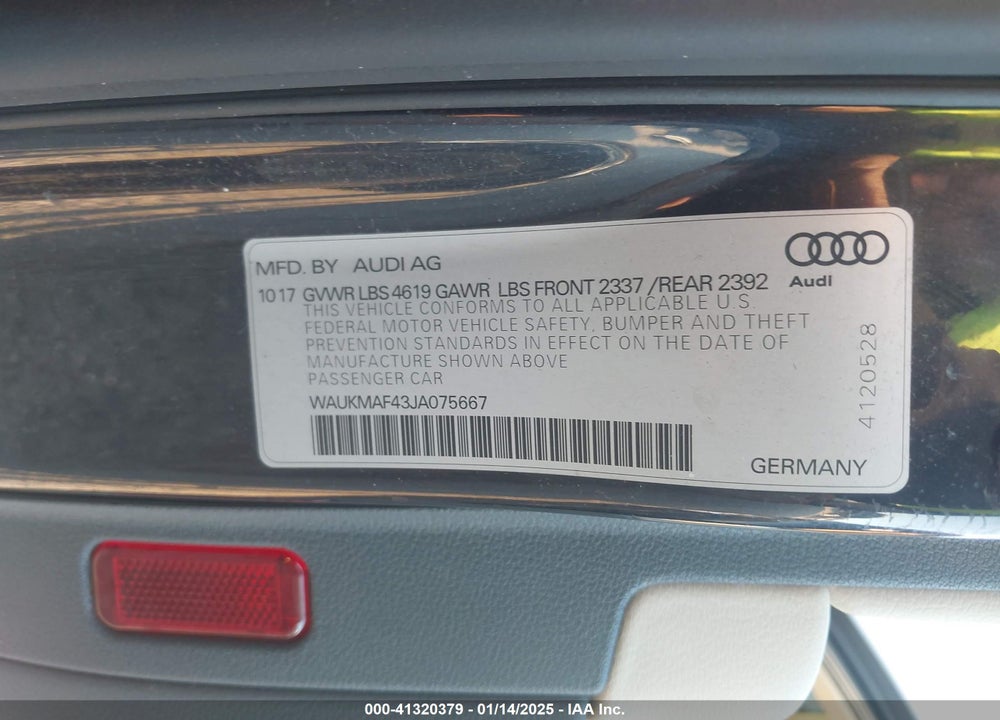 2018 AUDI A4 2.0T TECH ULTRA PREMIUM/2.0T ULTRA PREMIUM VIN: WAUKMAF43JA075667