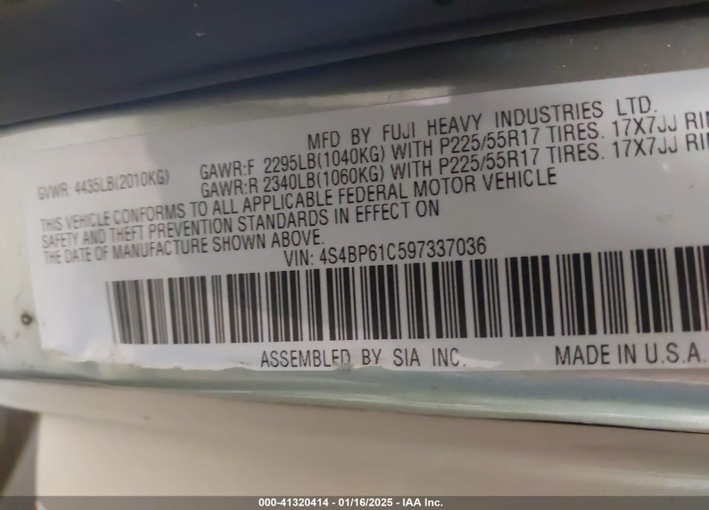 2009 SUBARU OUTBACK 2.5I VIN: 4S4BP61C597337036