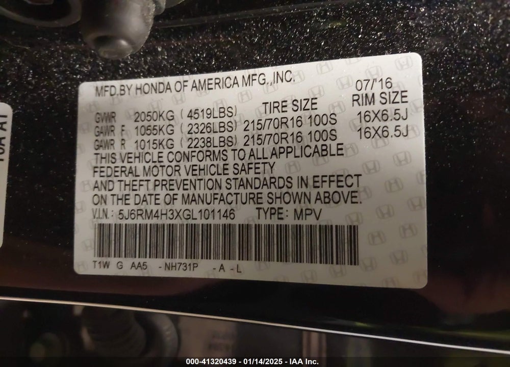 2016 HONDA CR-V LX VIN: 5J6RM4H3XGL101146