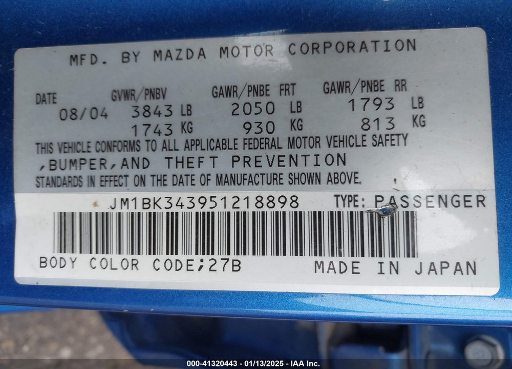 2005 MAZDA 3 S VIN: JM1BK343951218898