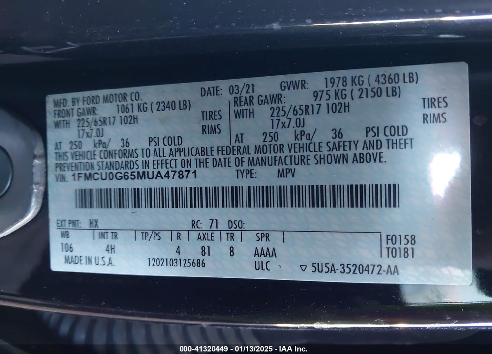 2021 FORD ESCAPE SE VIN: 1FMCU0G65MUA47871