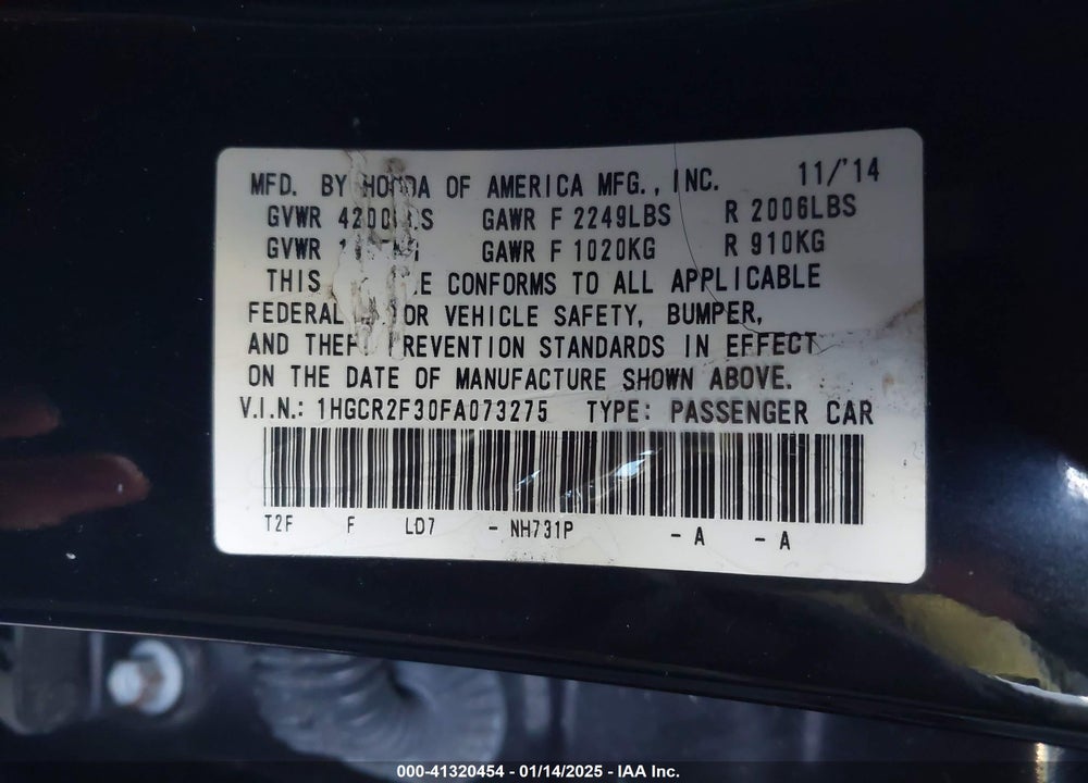 2015 HONDA ACCORD LX VIN: 1HGCR2F30FA073275
