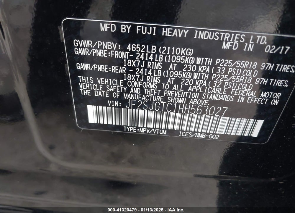 2017 SUBARU FORESTER 2.0XT TOURING VIN: JF2SJGTC1HH563027