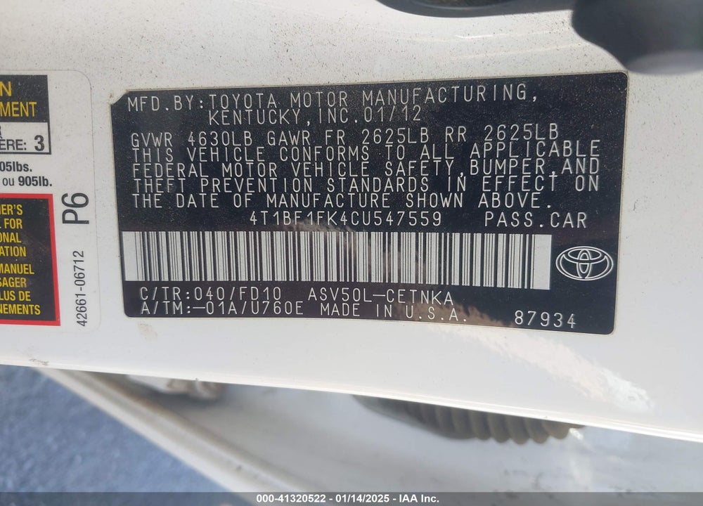 2012 TOYOTA CAMRY VIN: 4T1BF1FK4CU547559