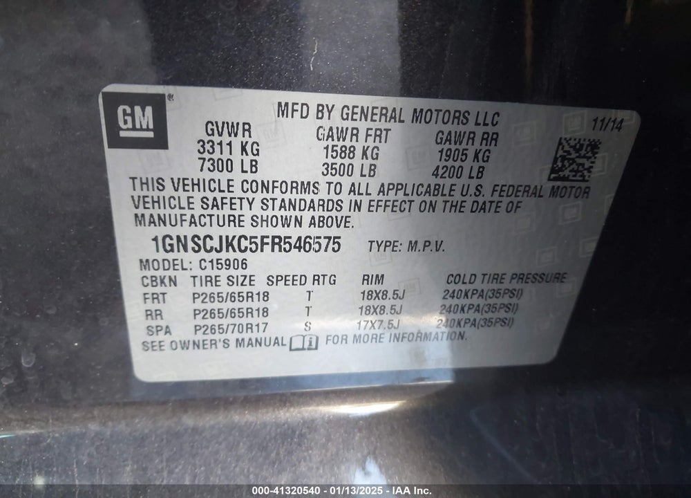 2015 CHEVROLET SUBURBAN 1500 LT VIN: 1GNSCJKC5FR546575